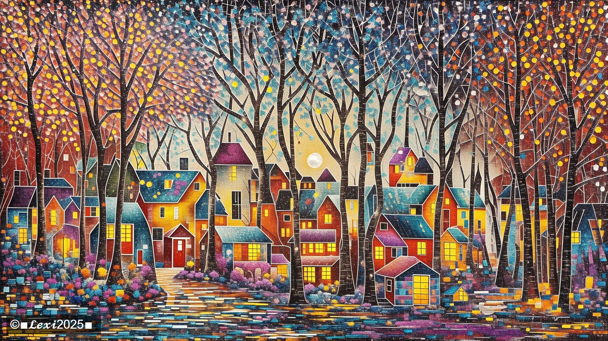 Vibrant Neighborhood Scene with Moonlit Sky and Flowers