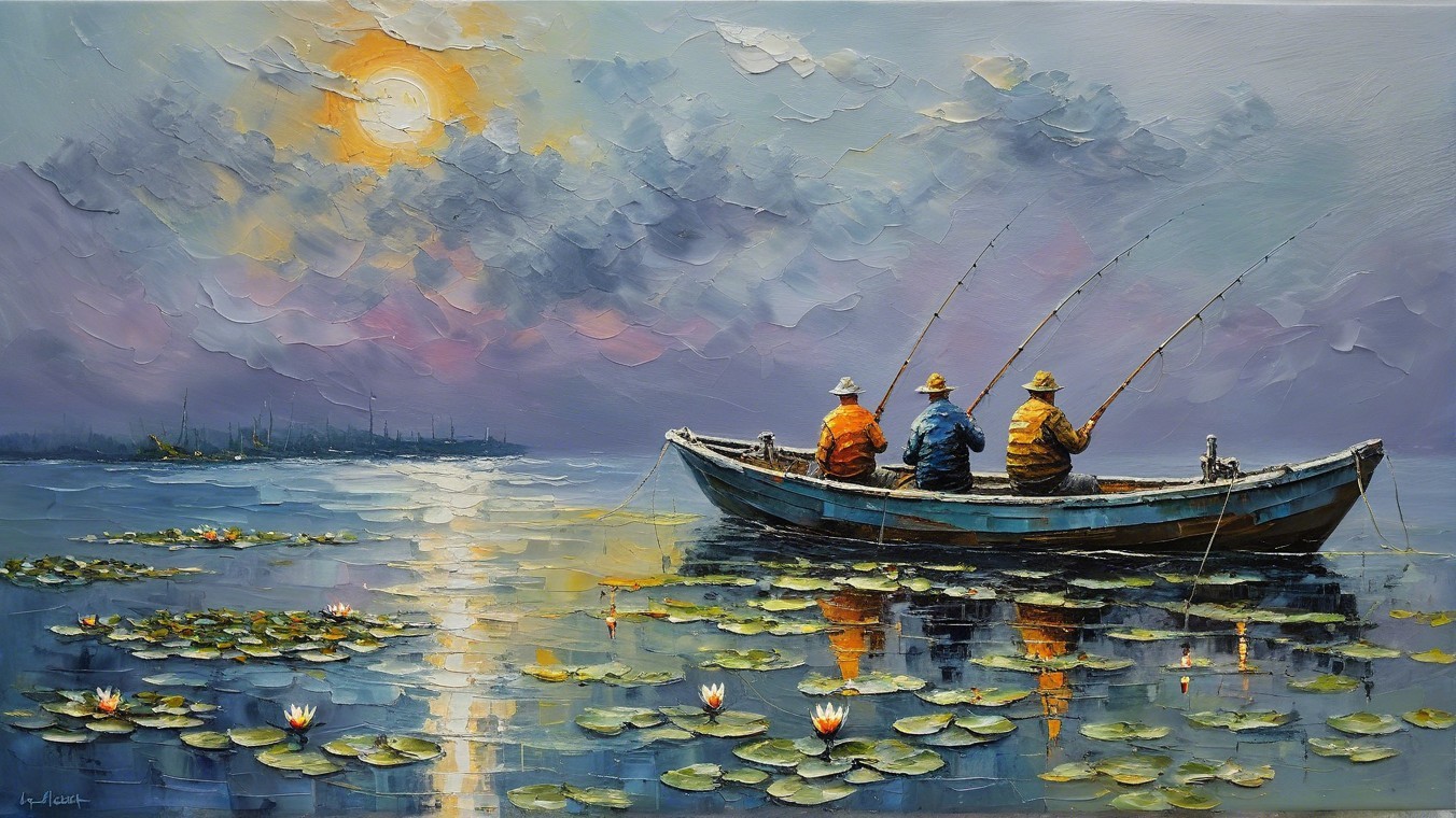 Serene Scene of Fishermen in a Tranquil Landscape