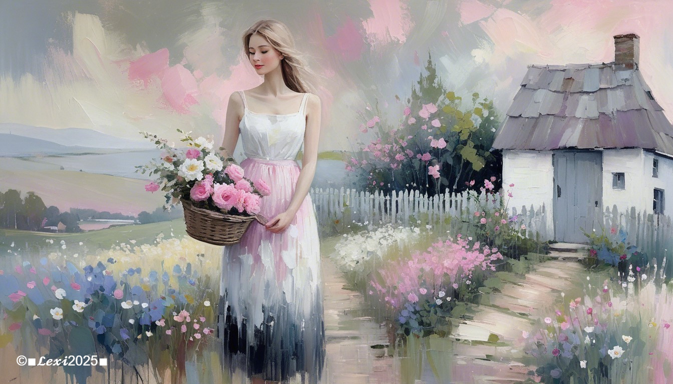 Serene landscape with woman in white dress and flowers
