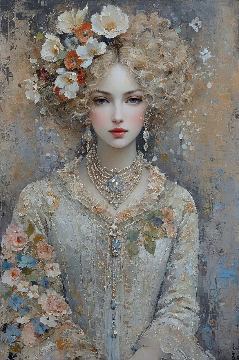 Serene Woman in Floral Gown with Pearls and Gemstones