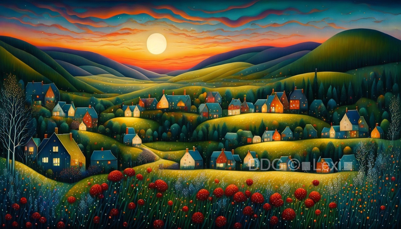 Vibrant Sunset Over Rolling Hills with Charming Houses
