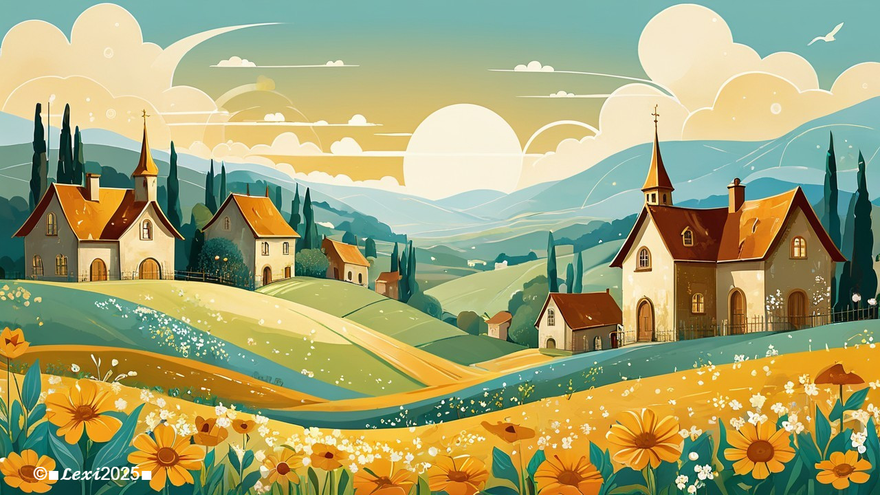 Idyllic countryside landscape with blooming wildflowers