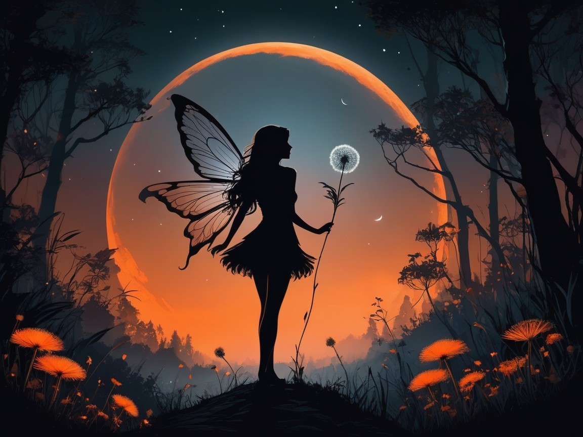 Silhouetted Fairy Against Luminous Orange Moon