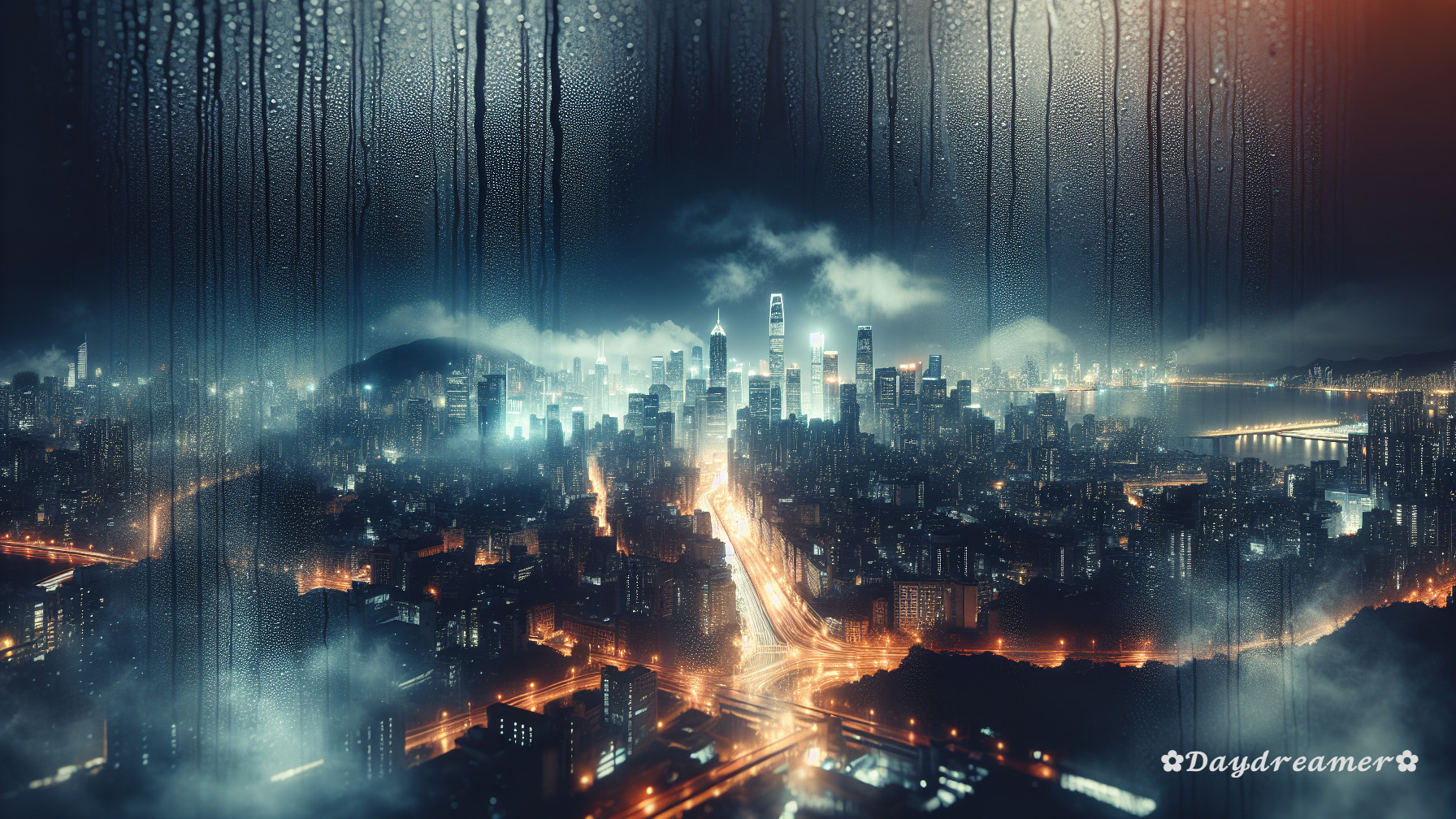 Nighttime Cityscape with Lights and Fog Effects