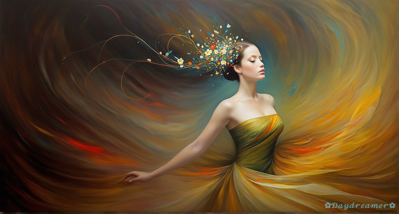 Graceful figure in vibrant gold and orange fabrics