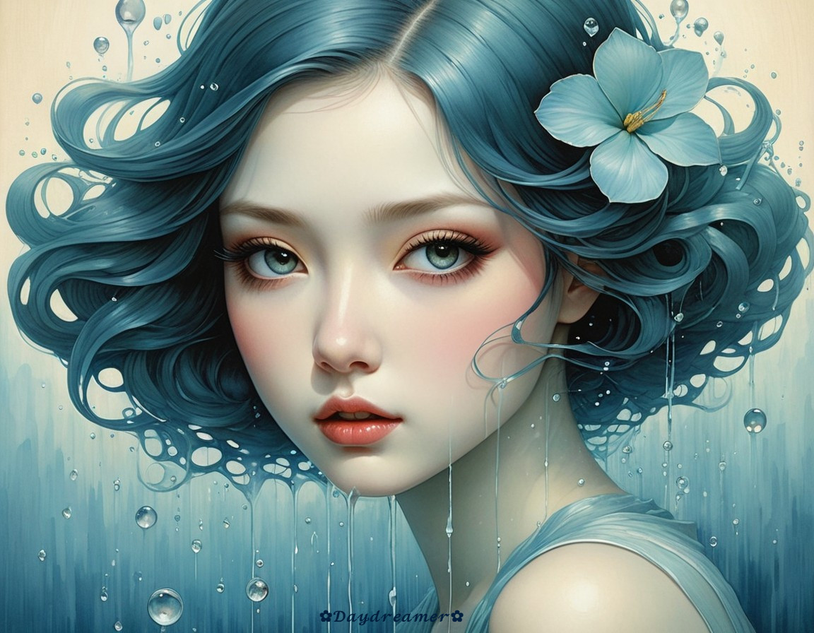 Portrait of a Young Woman with Blue Hair and Water Droplets