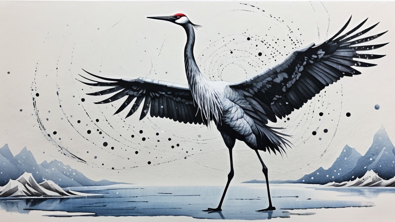 Majestic Crane by Tranquil Water with Mountain Peaks