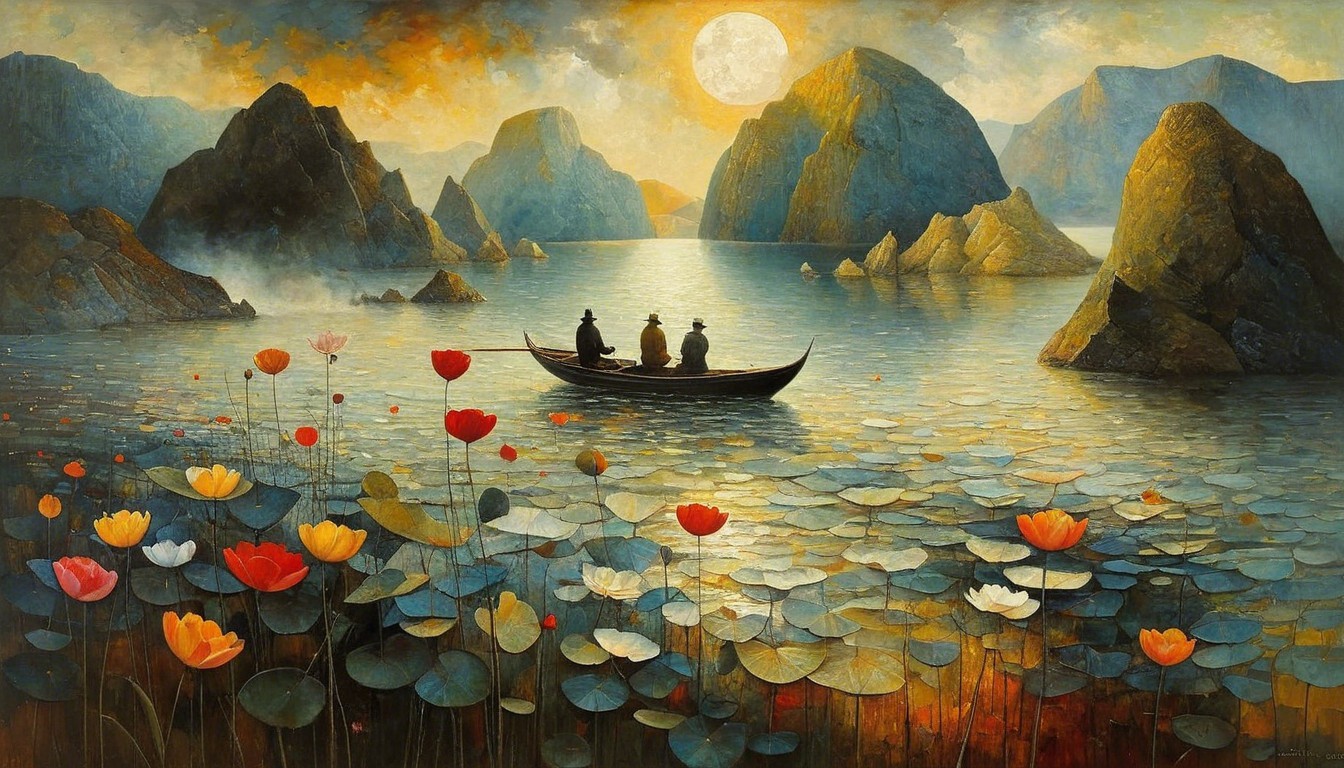 Digital painting of men in a boat on a lake at sunset