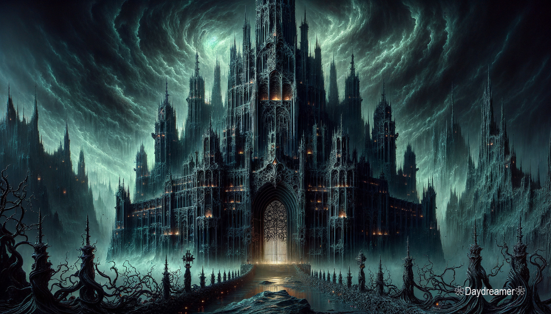 Gothic Castle Surrounded by Dark Trees and Mist
