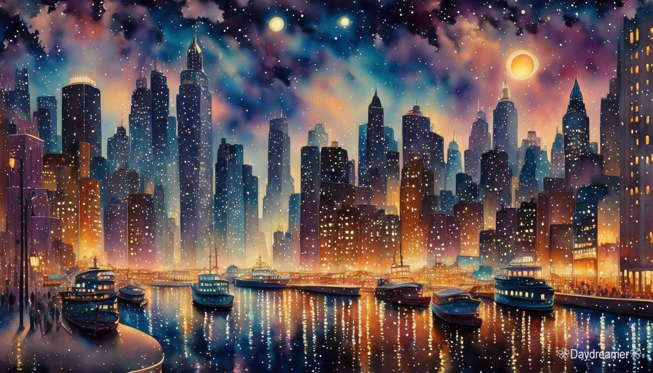 Vibrant Cityscape at Night with Reflected Skyscrapers