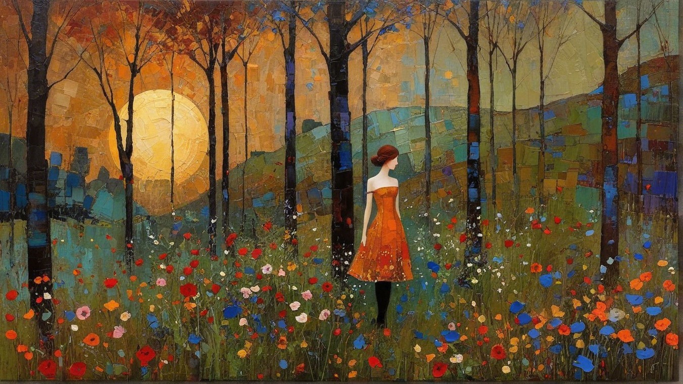 Vibrant landscape with woman in orange dress and wildflowers