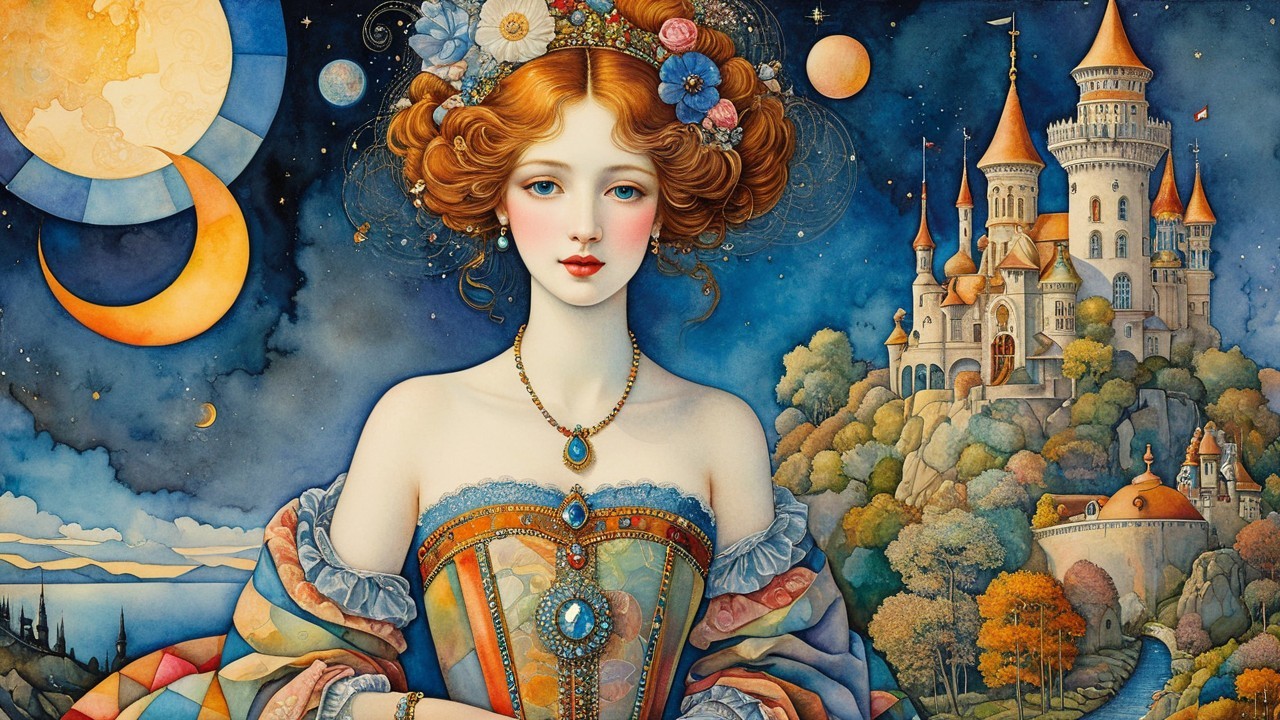 Serene Woman in Colorful Gown Against Dreamy Night Sky