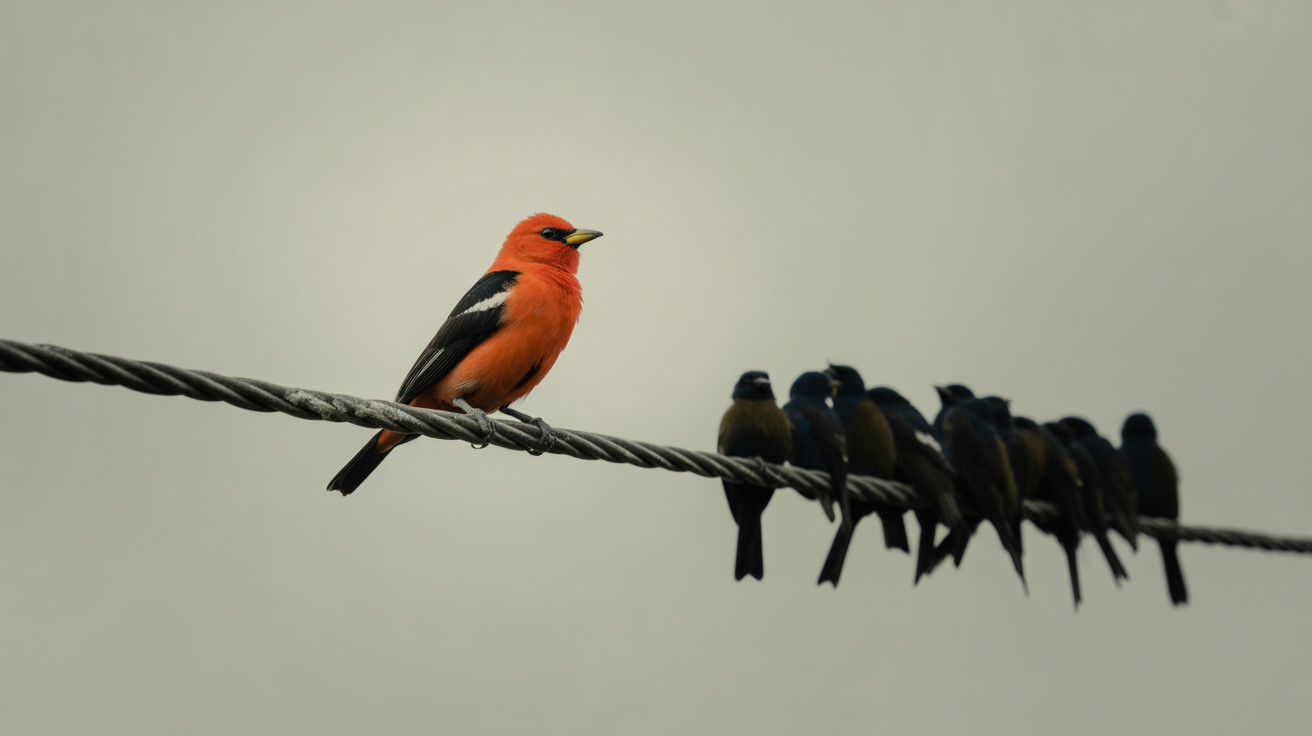 Vibrant Orange Bird on Wire Against Gray Sky