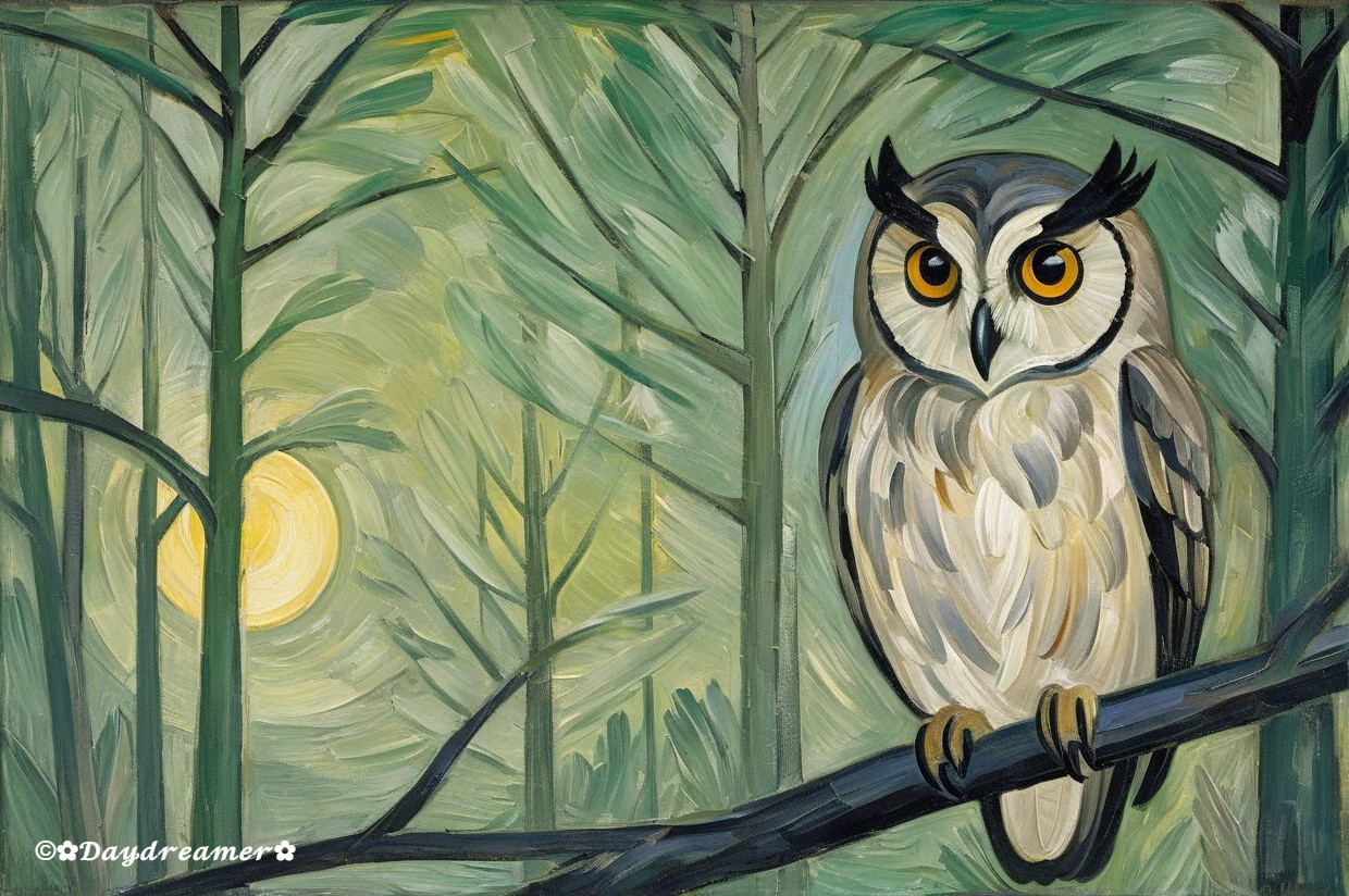 Owl on a Branch in Lush Green Forest Setting