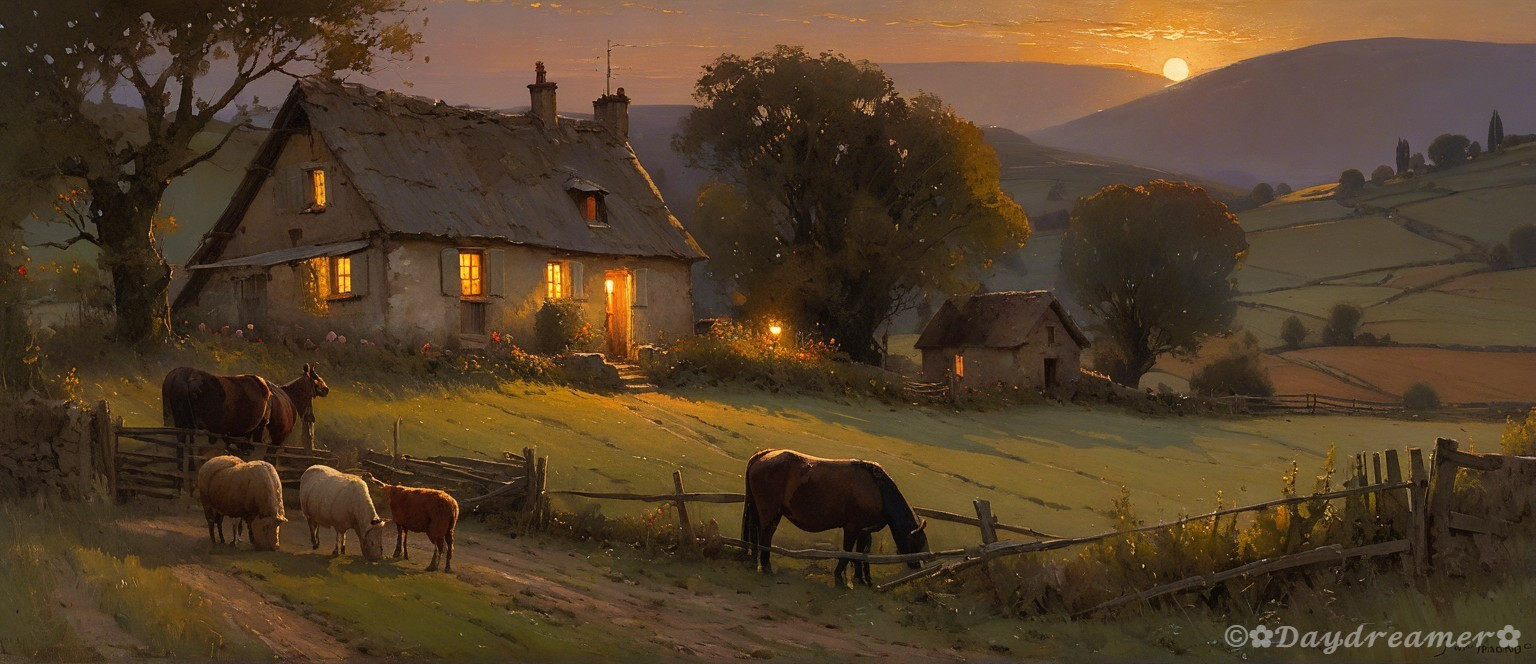 Serene Countryside Scene with Cottage at Dusk