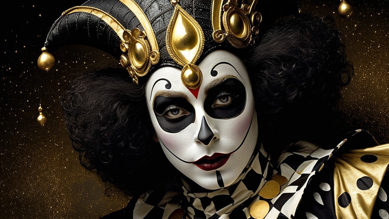 Elaborate Jester Attire with Black and Gold Colors
