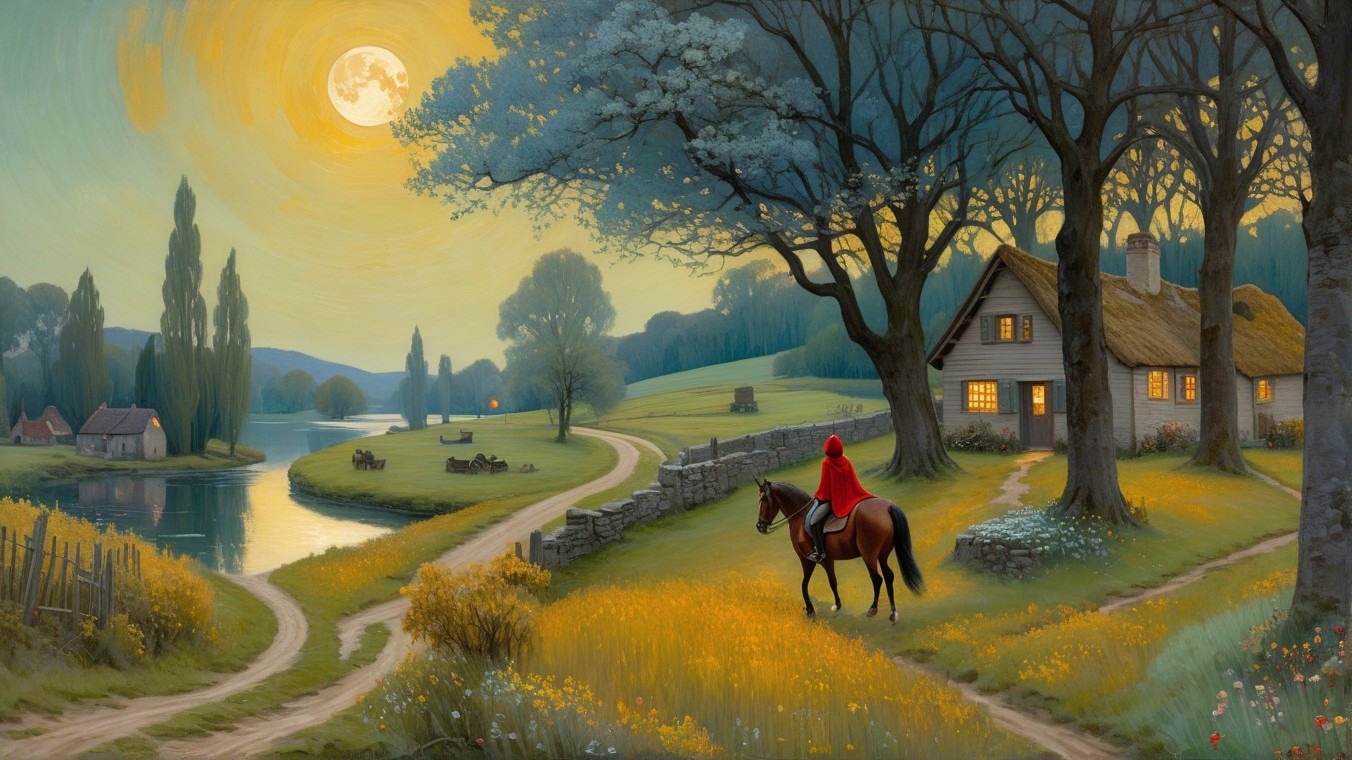 Serene Countryside Scene with Moonlit River and Cottage