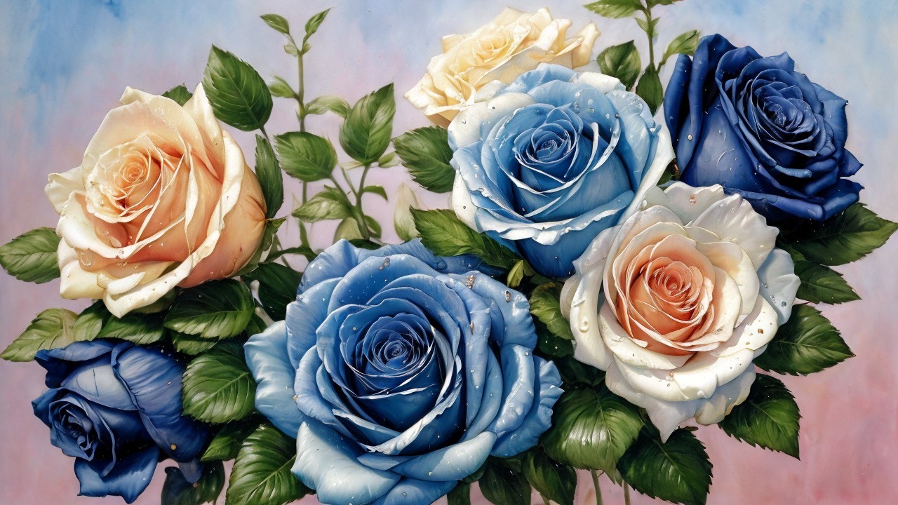 Vibrant Bouquet of Roses in Soft Peach and Blue