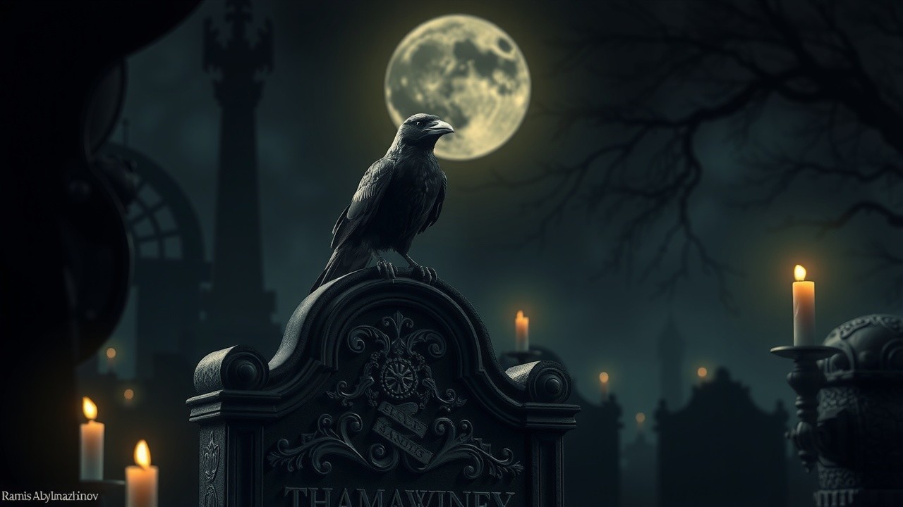 Haunting Graveyard Scene Under Moonlight with Crow