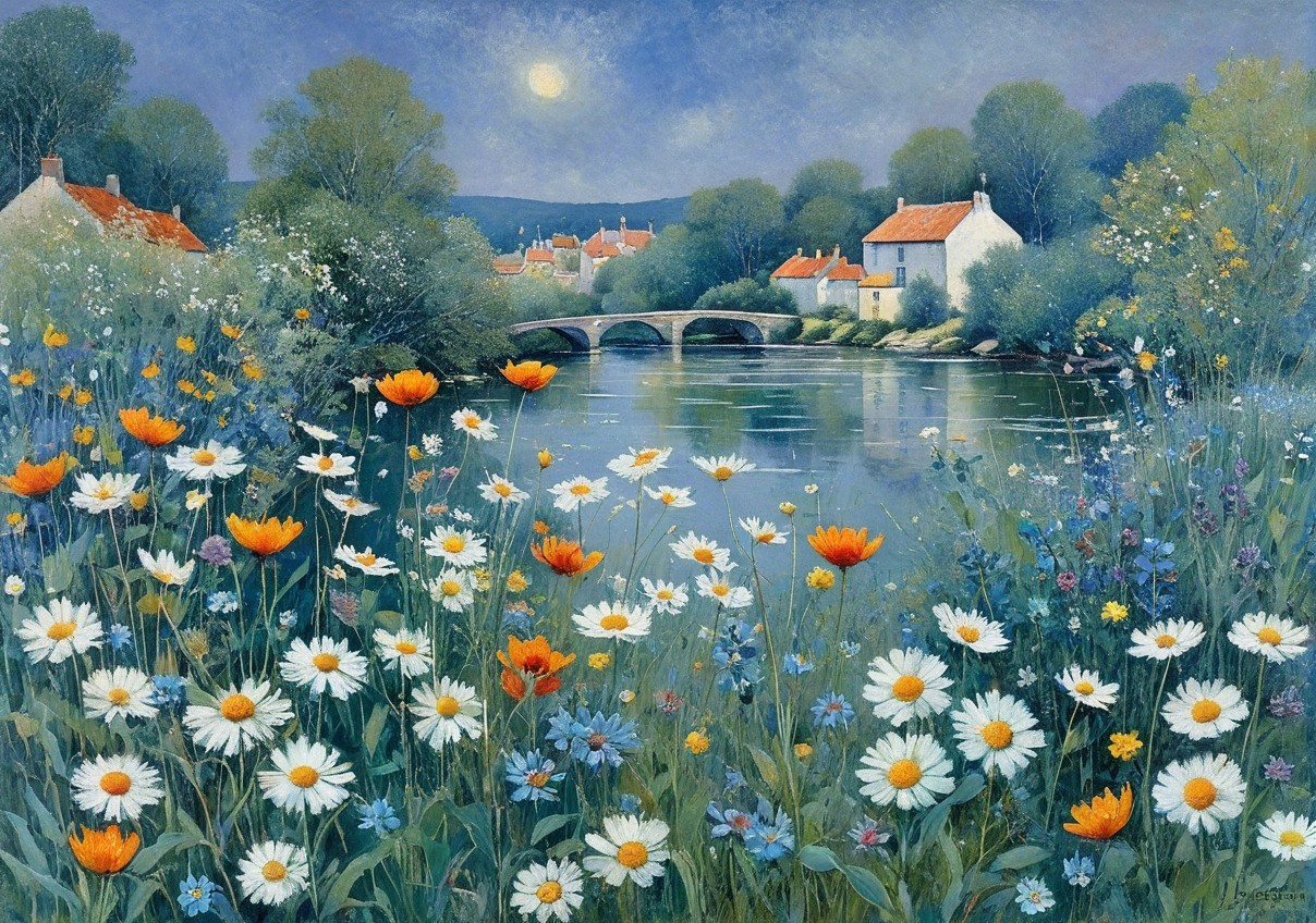 Serene Landscape with Meadow and Charming Village