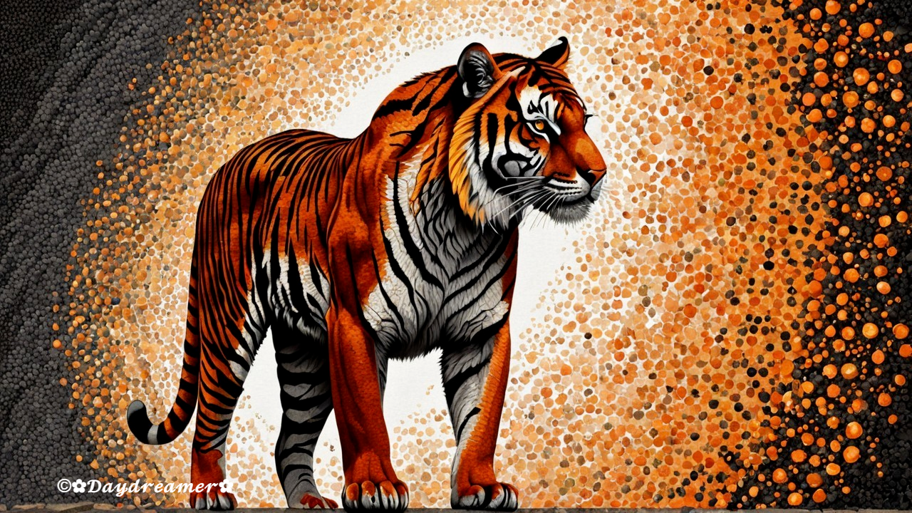 Majestic tiger against vibrant orange and black backdrop