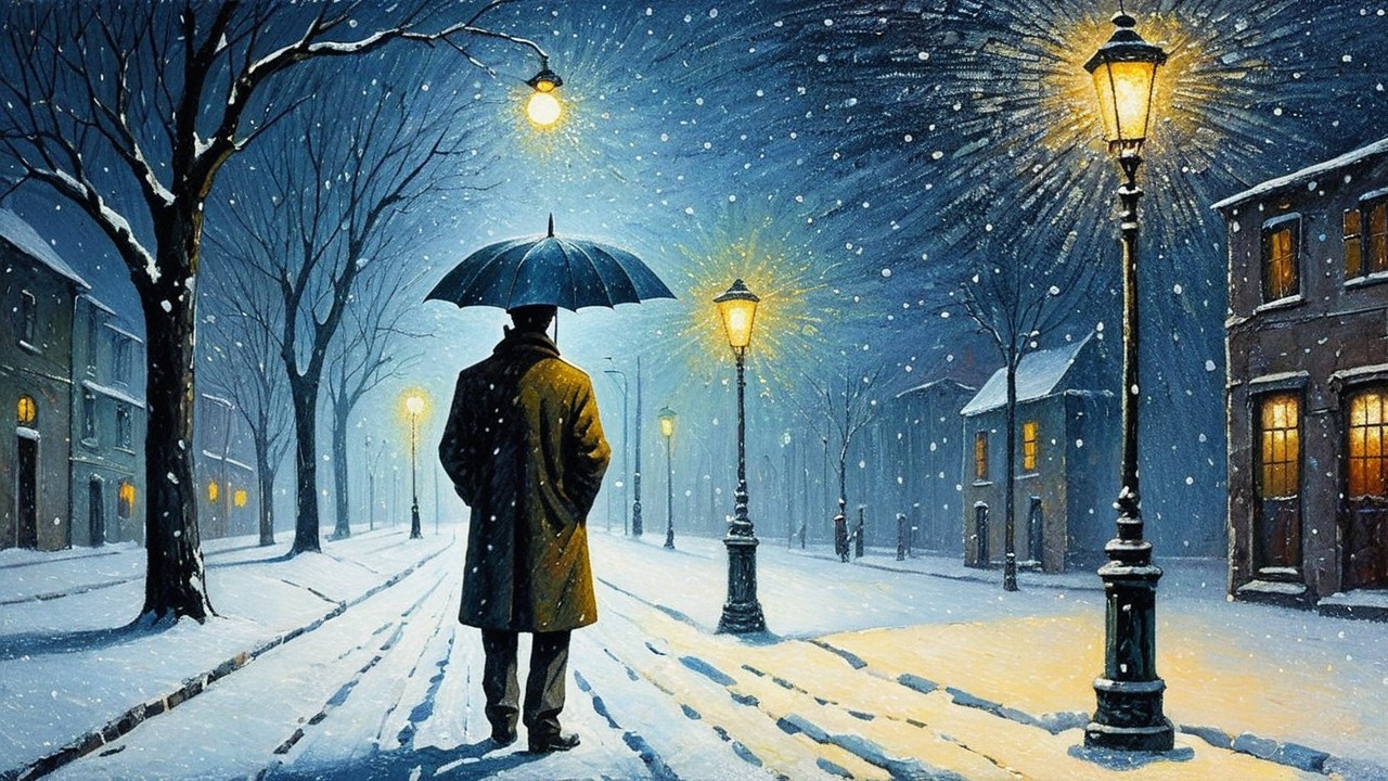 Winter Scene with Man, Umbrella, and Snowy Street