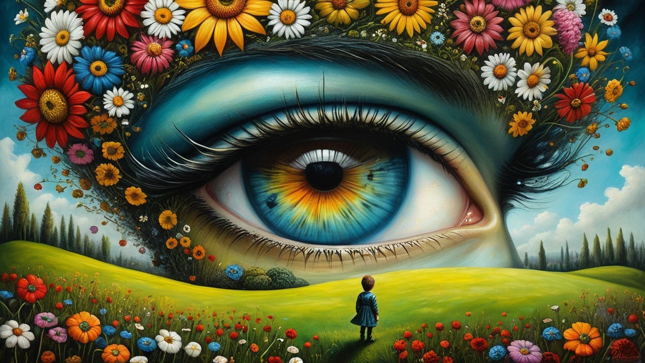 Surreal Landscape with Giant Eye and Colorful Meadow