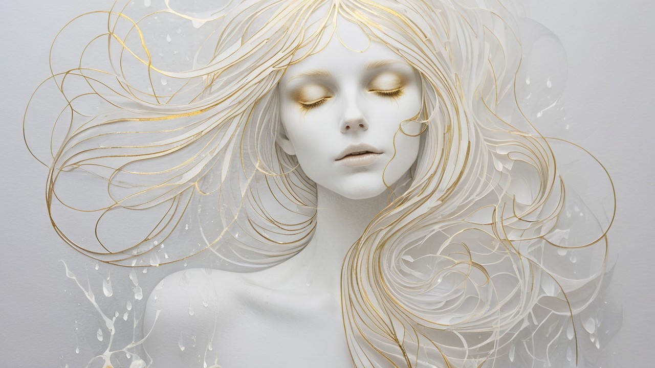 Serene White Figure with Golden Hair and Fluid Textures