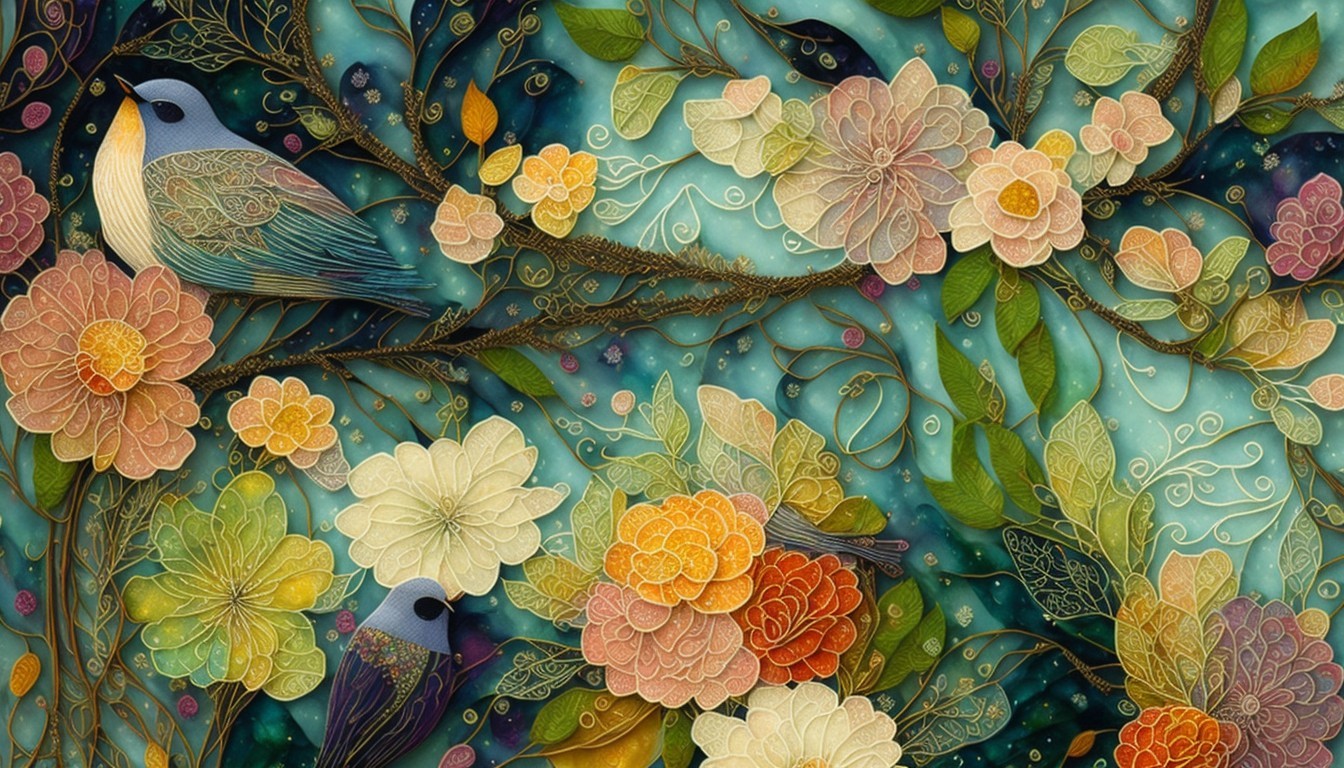 Vibrant Illustration of Flowers and Stylized Birds