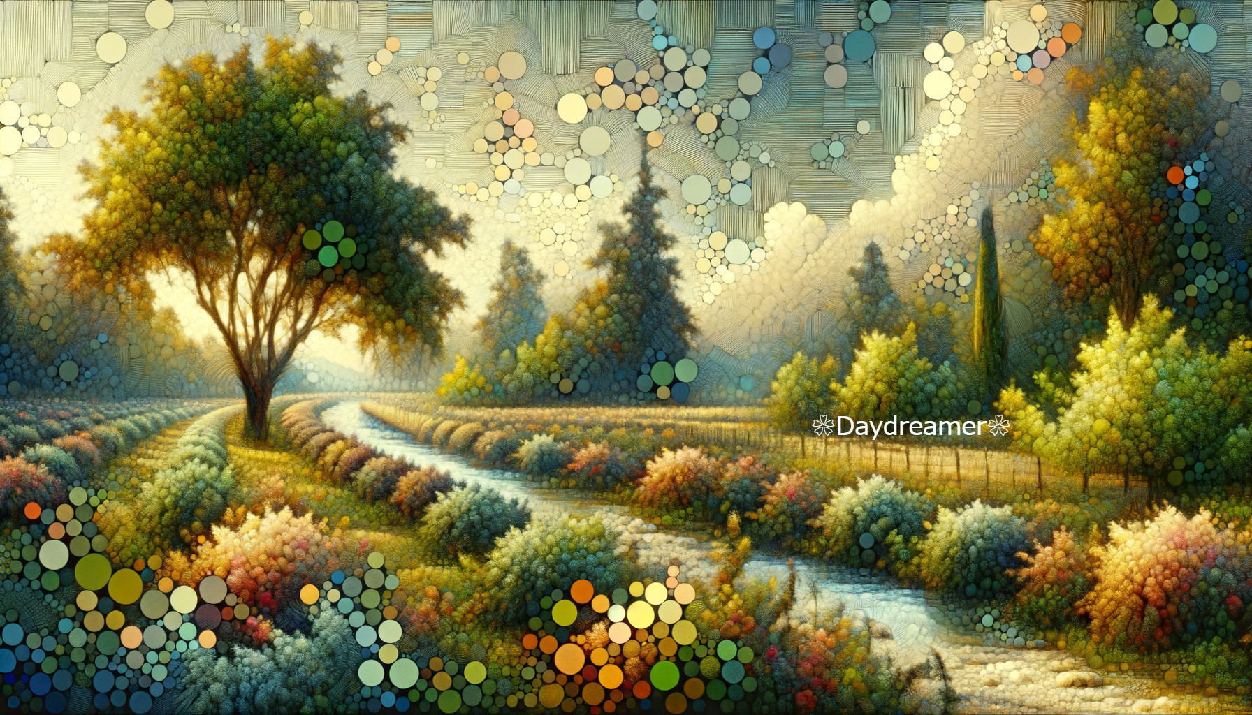 Colorful Landscape with Tree, Foliage, River, and Abstract Patterns