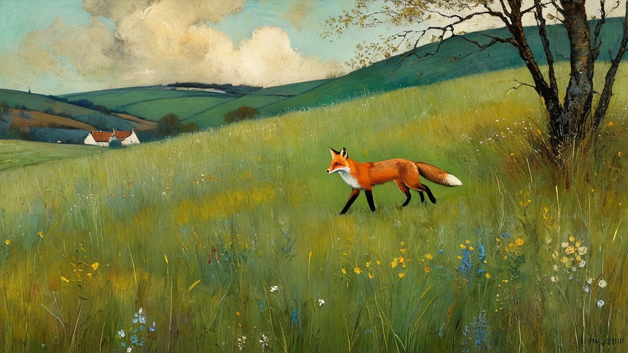 Vibrant Rural Landscape with Red Fox in Meadow