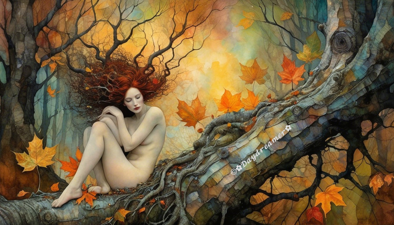 Figure on Tree Branch with Autumn Leaves and Warm Colors