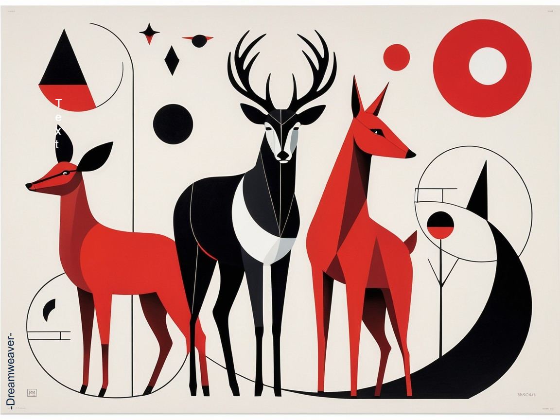Stylized graphic of deer, stag, and fox in geometric shapes