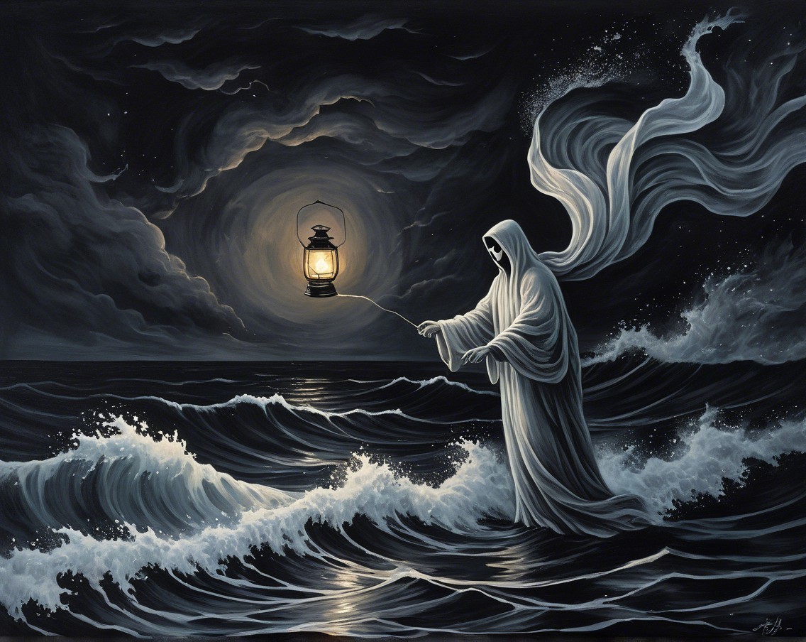 Ghostly Figure in White Among Stormy Ocean Waves