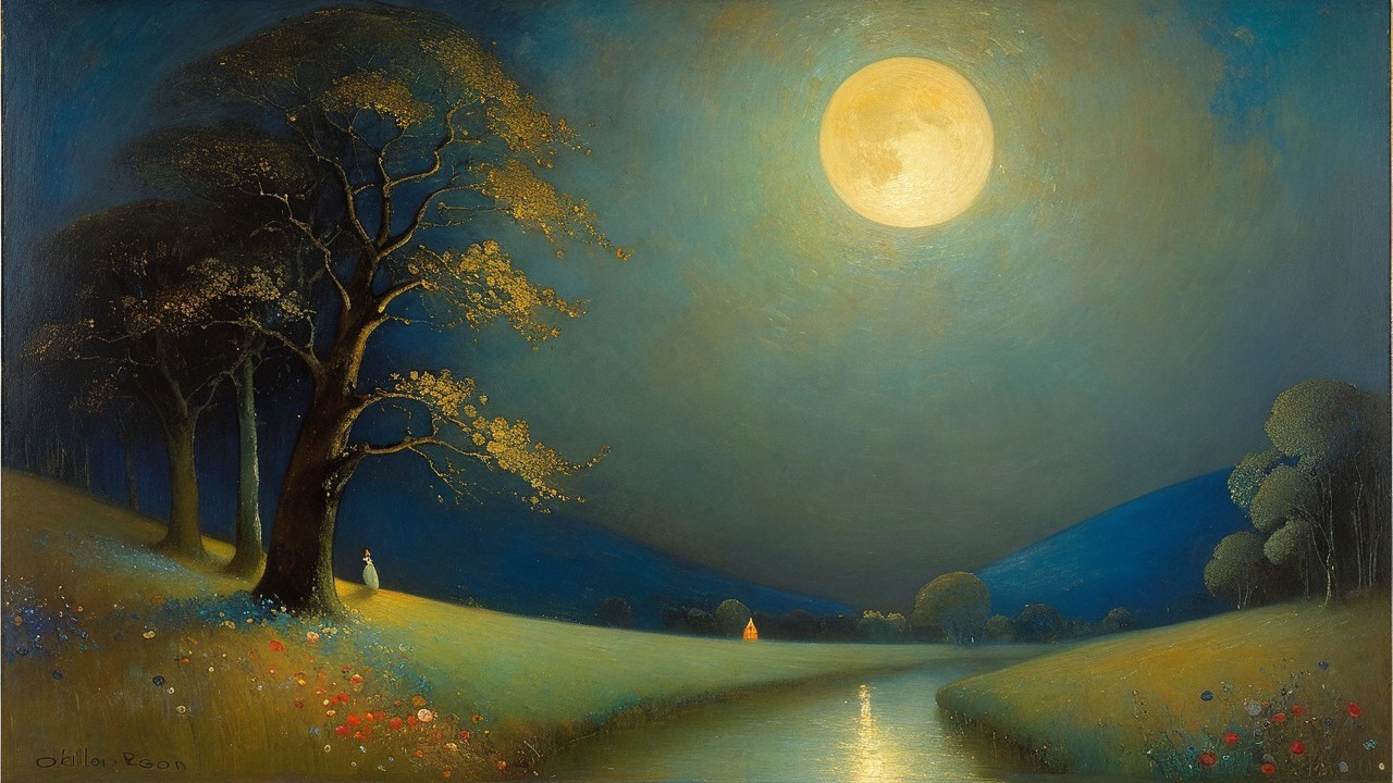 Tranquil Night Landscape with Full Moon and River