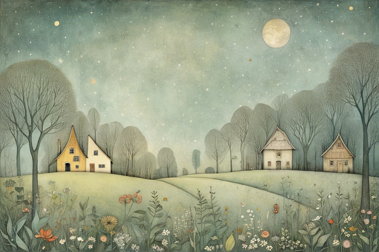 Whimsical Houses in a Serene Landscape at Night