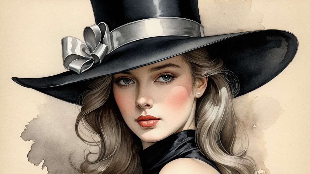 Young woman with blonde hair and black hat portrait