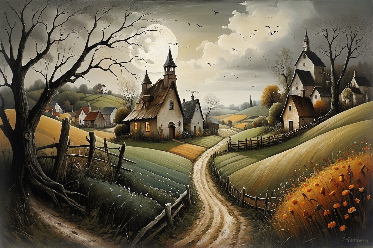 Serene countryside scene with moonlit hills and houses