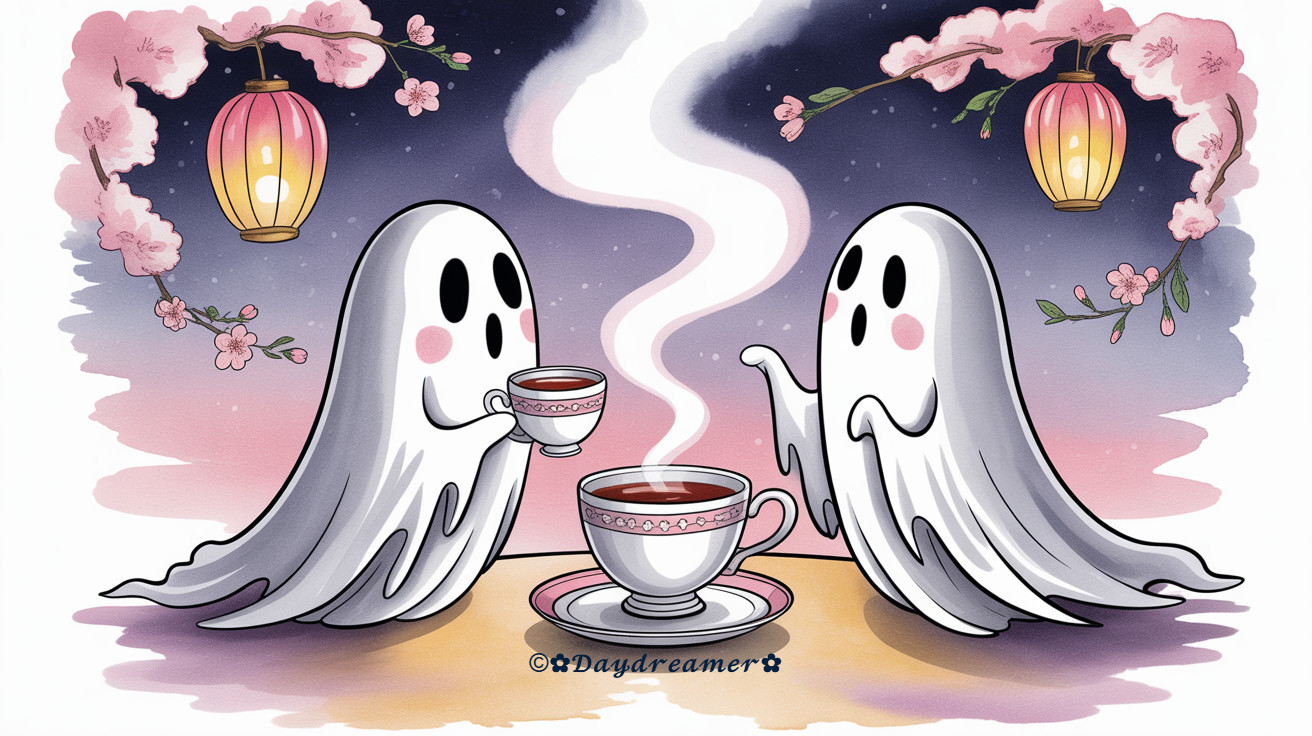 Whimsical Ghosts Enjoy Tea in Serene Atmosphere