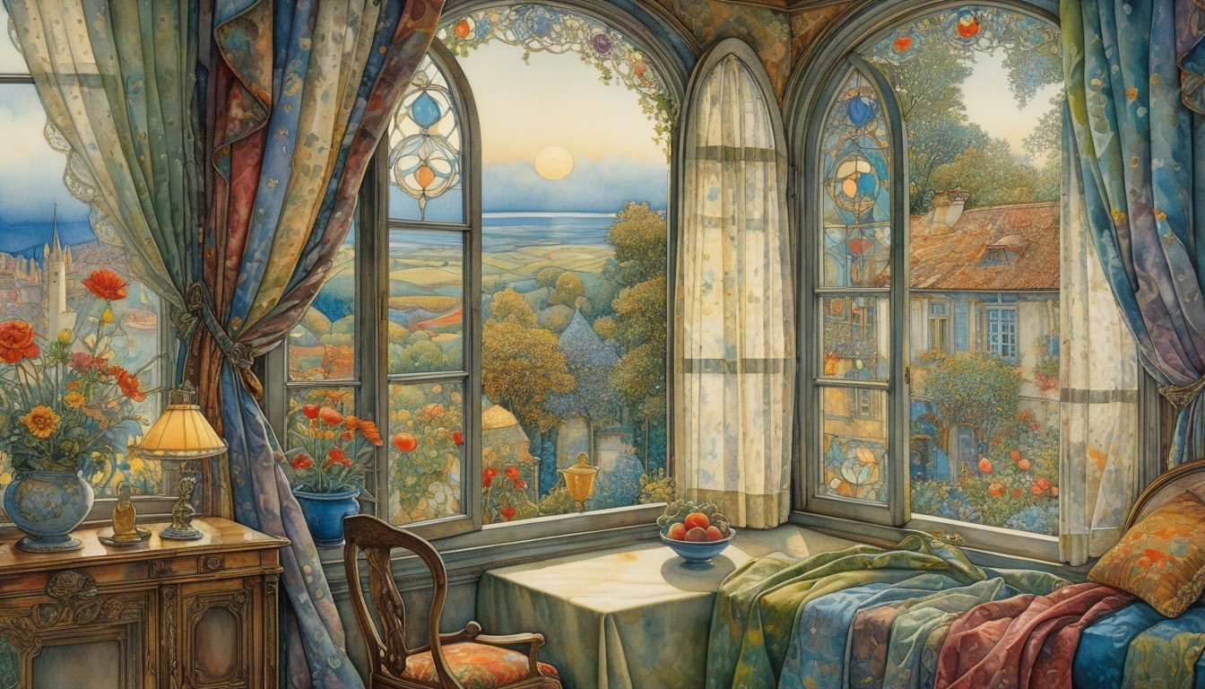 Tranquil Interior with Stained Glass and Scenic View