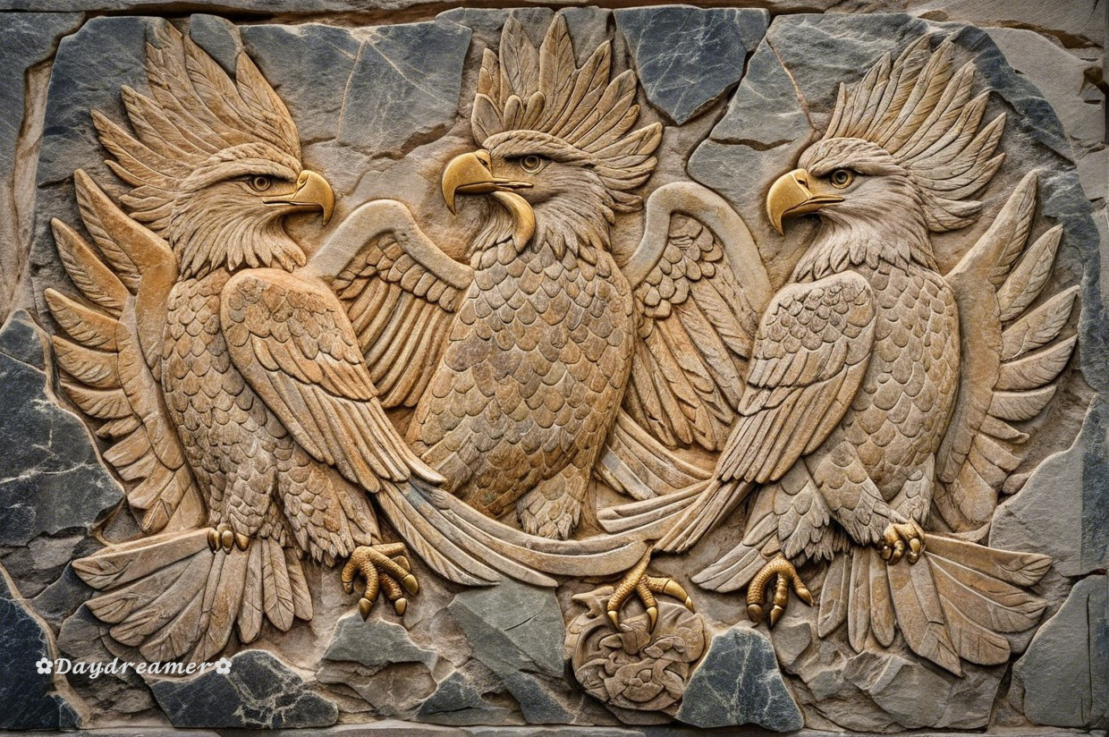 Stone Relief of Three Majestic Mythical Griffins