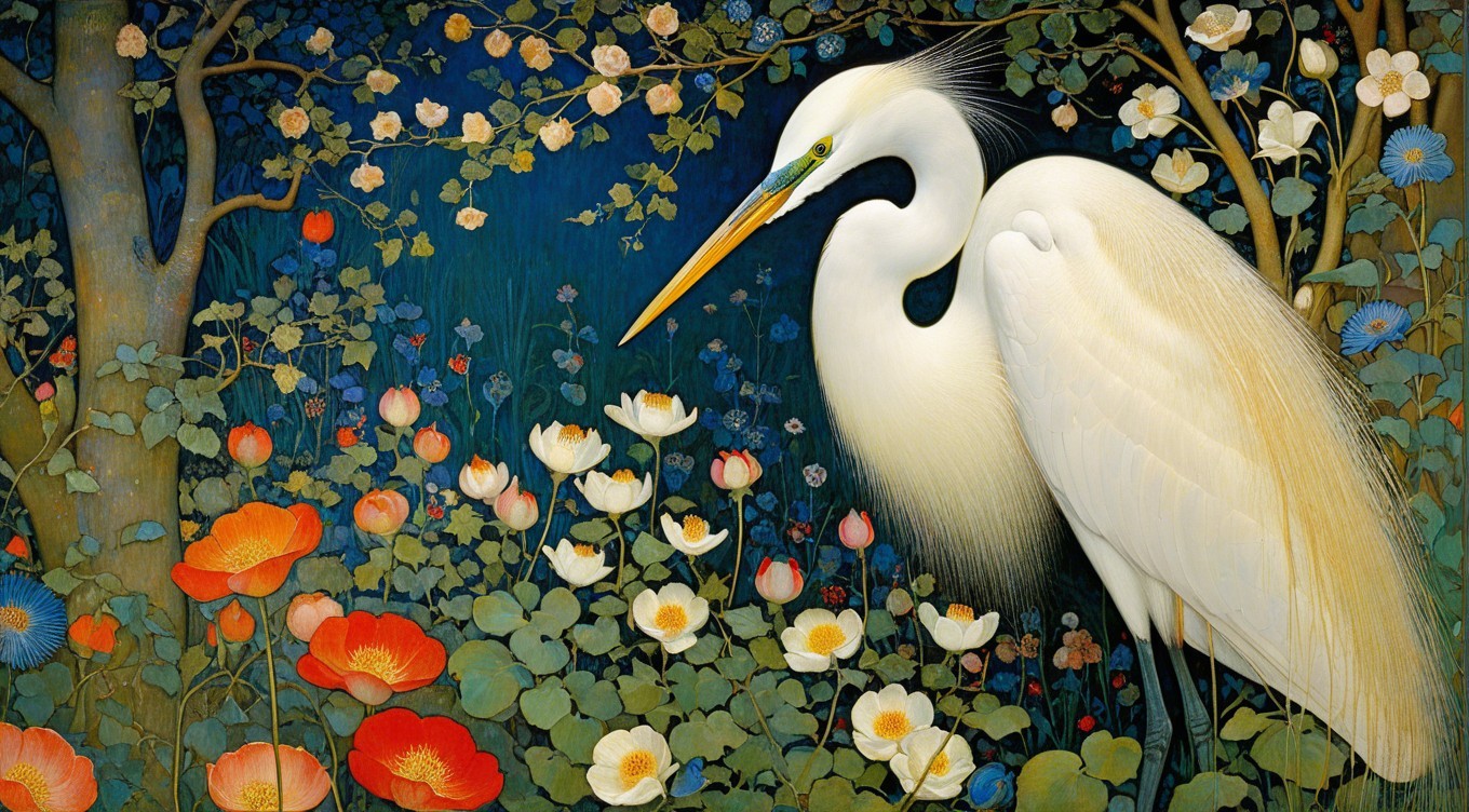 White Heron in a Vibrant Garden Setting