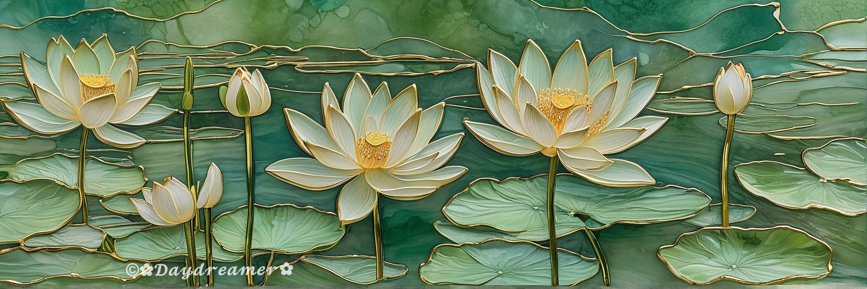 Artistic Depiction of Water Lilies on Green Background