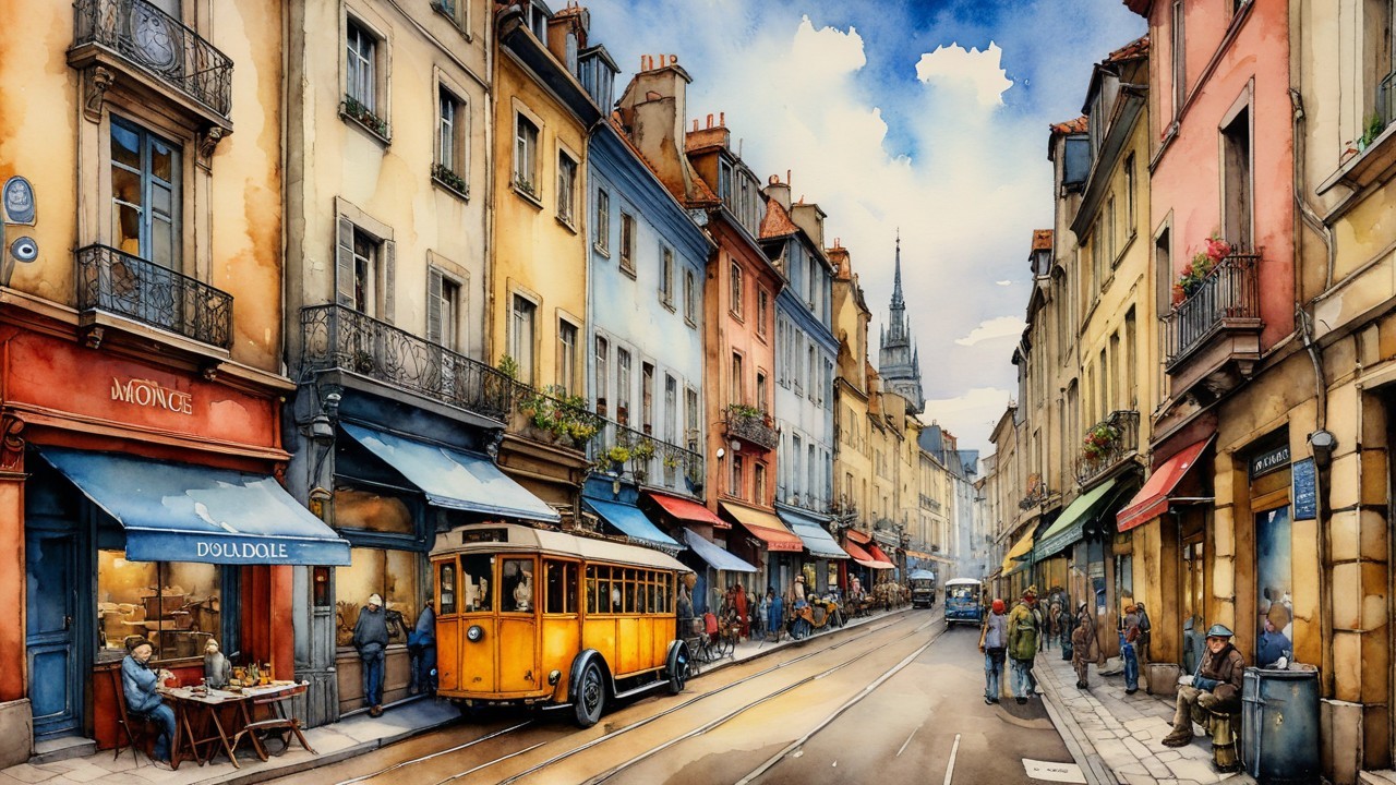 Charming City Street Scene with Colorful Buildings