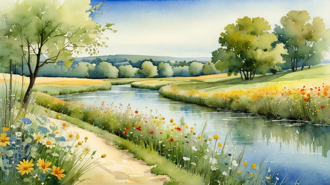 Serene Landscape with River and Colorful Meadows
