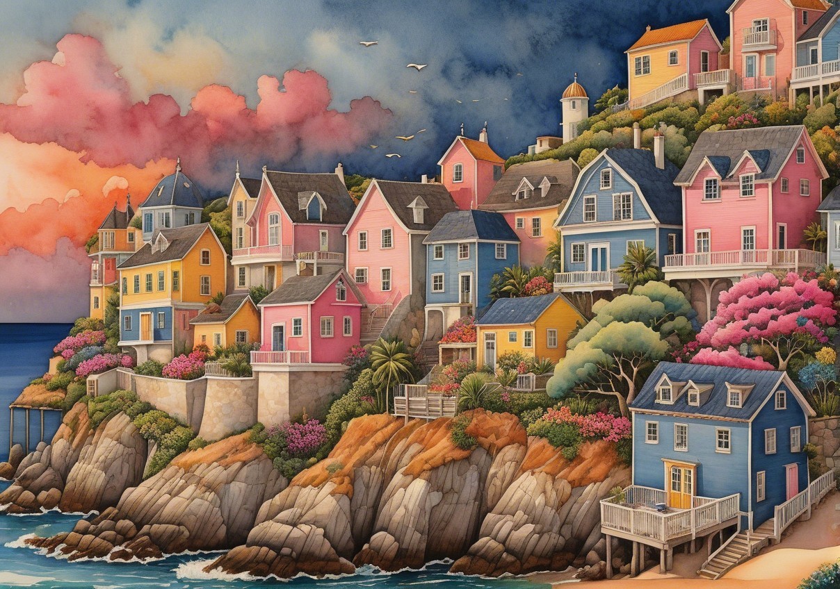 Vibrant Coastal Houses on Rocky Cliff at Sunset