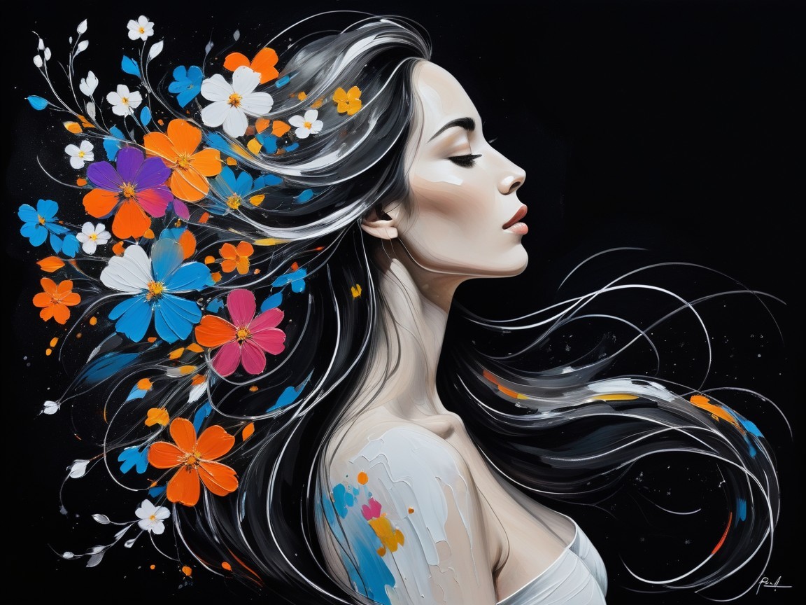 Portrait of a woman with floral hair on a black background