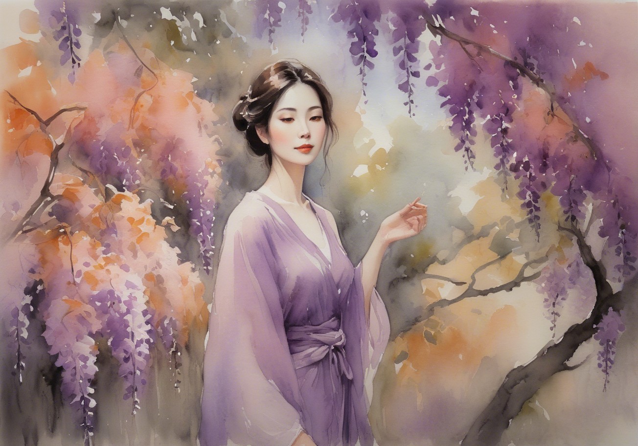 Watercolor of Young Woman in Lilac Kimono in Garden