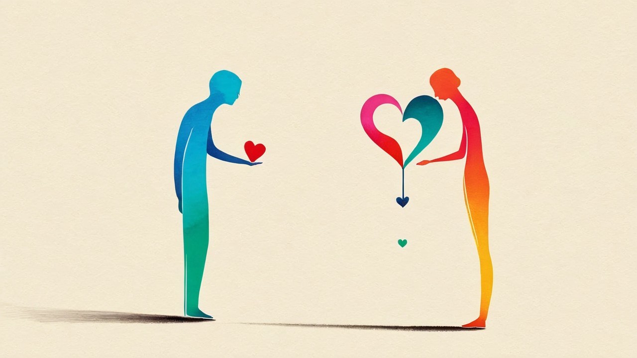 Stylized Figures with Hearts in Whimsical Setting