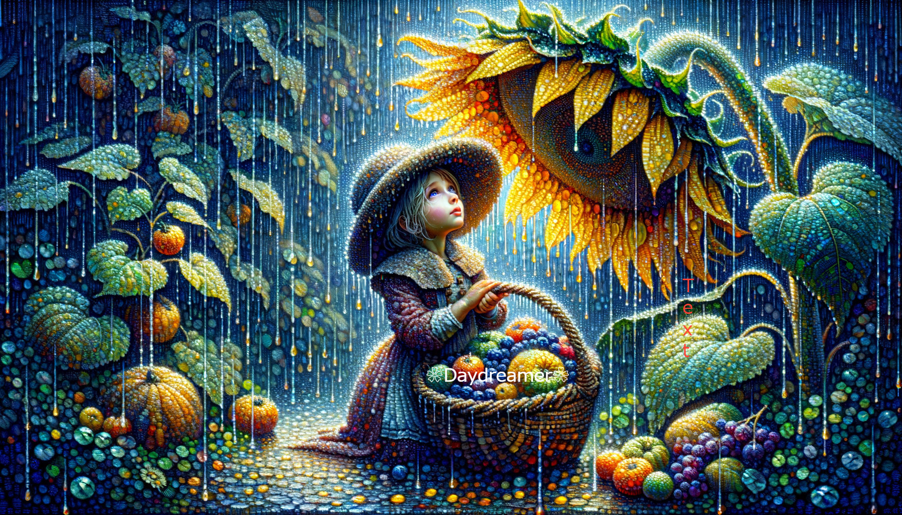 Child with fruit basket and sunflowers in rain with glowing drops